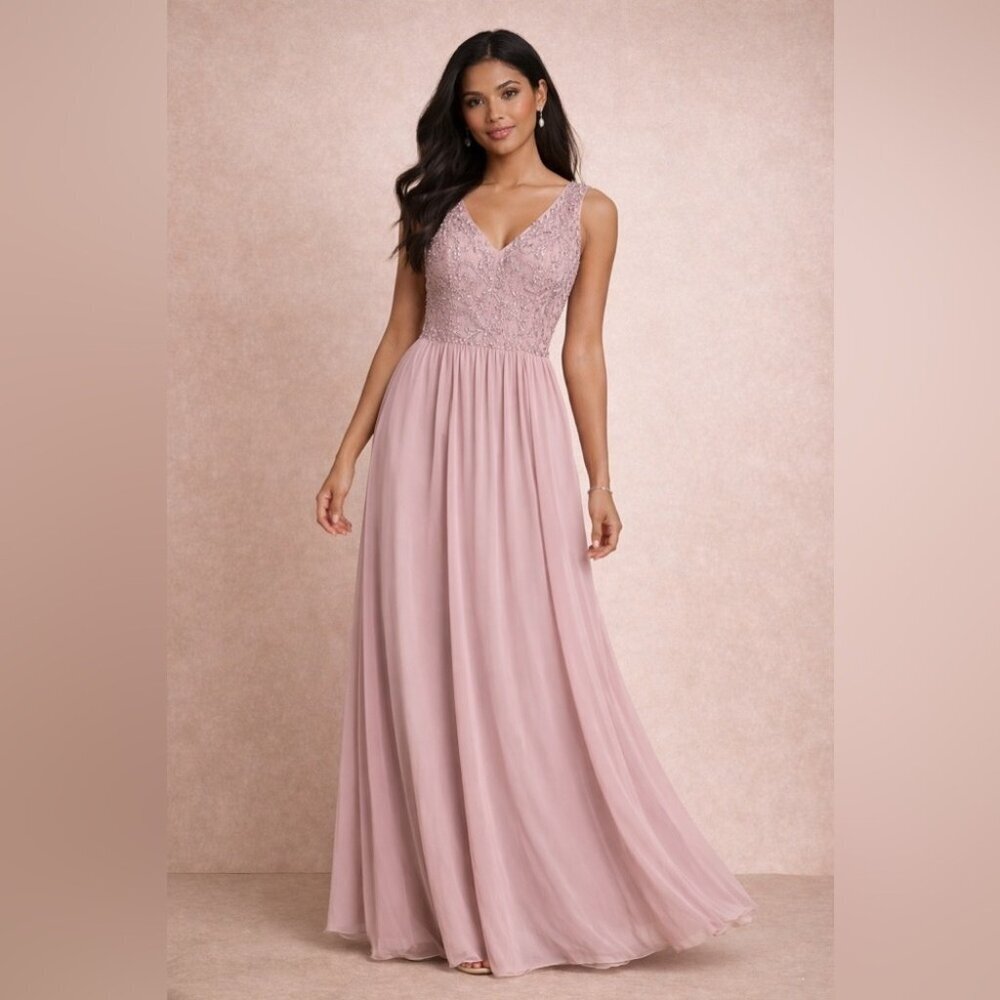 Morilee Madeline Gardner Mauve Beaded Chiffon Formal Maxi Dress Bridesmaid Gown
